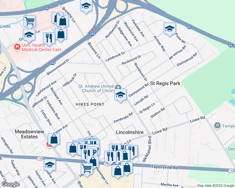 map of restaurants, bars, coffee shops, grocery stores, and more near 2608 Browns Lane in Louisville