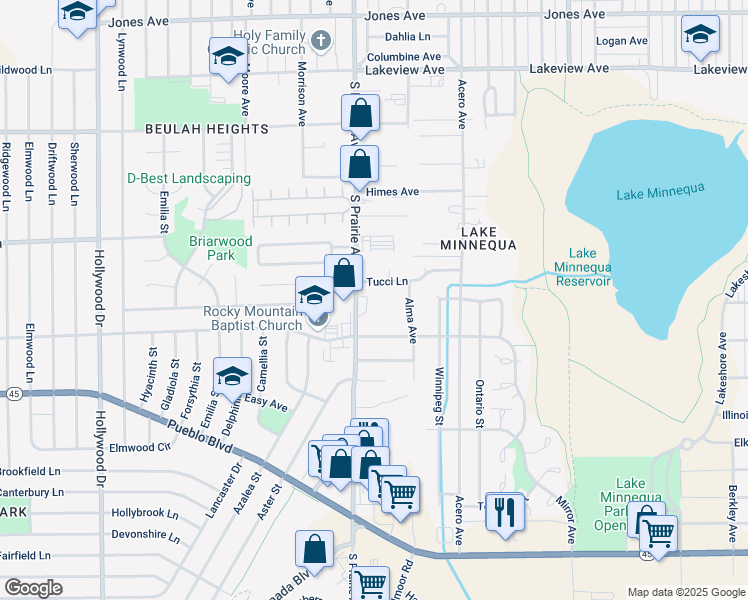 map of restaurants, bars, coffee shops, grocery stores, and more near 2401 Alma Avenue in Pueblo