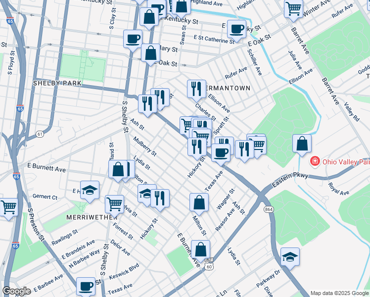 map of restaurants, bars, coffee shops, grocery stores, and more near 1314 Hoertz Avenue in Louisville