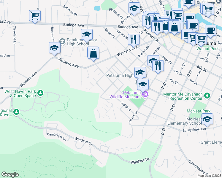 map of restaurants, bars, coffee shops, grocery stores, and more near 707 English Street in Petaluma