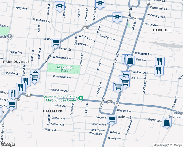 map of restaurants, bars, coffee shops, grocery stores, and more near 2311 Burwell Avenue in Louisville