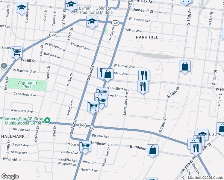 map of restaurants, bars, coffee shops, grocery stores, and more near 1783 West Gaulbert Avenue in Louisville