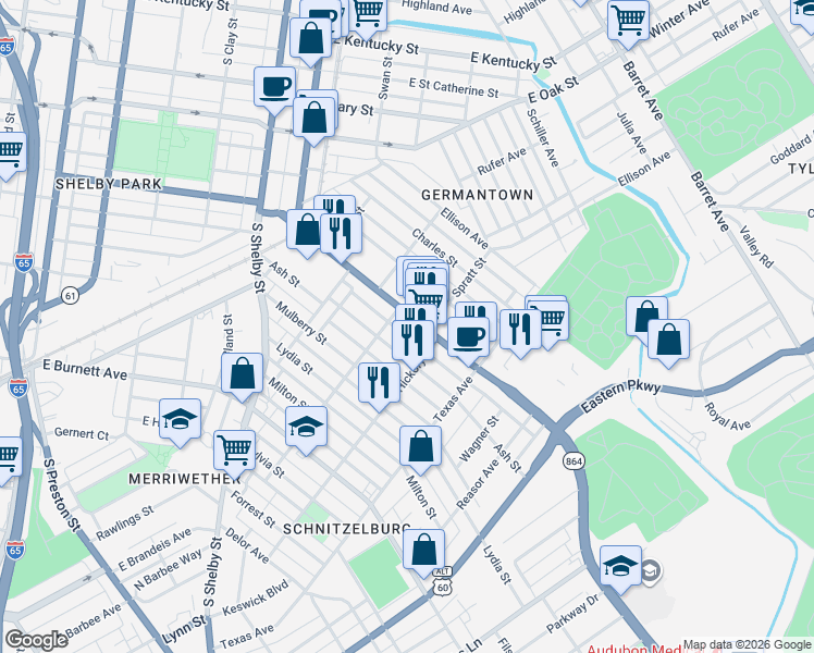 map of restaurants, bars, coffee shops, grocery stores, and more near 1045 Goss Avenue in Louisville