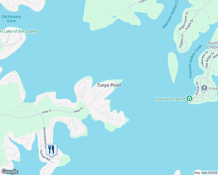 map of restaurants, bars, coffee shops, grocery stores, and more near 31527 Tony's Point in Gravois Mills