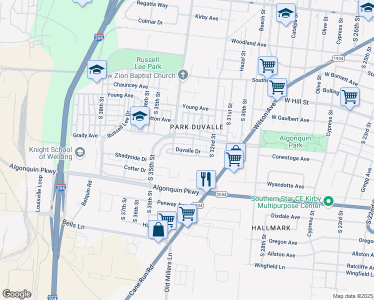 map of restaurants, bars, coffee shops, grocery stores, and more near Duvalle Drive in Louisville