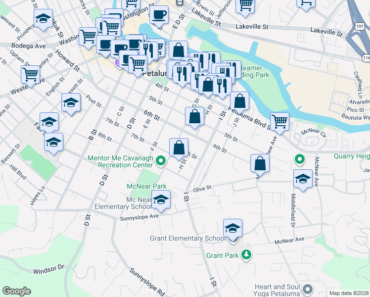 map of restaurants, bars, coffee shops, grocery stores, and more near 519 7th Street in Petaluma