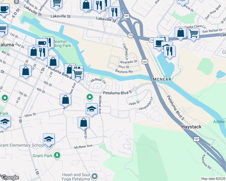 map of restaurants, bars, coffee shops, grocery stores, and more near 1473 Petaluma Boulevard South in Petaluma