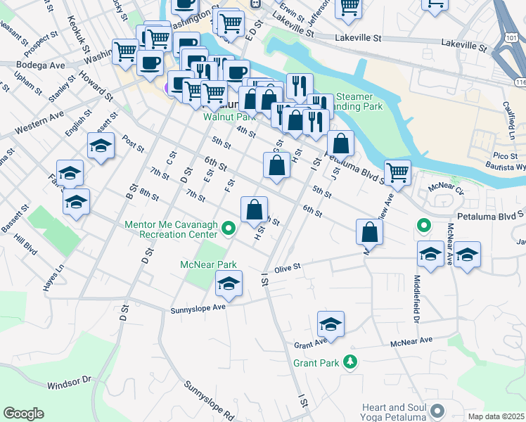 map of restaurants, bars, coffee shops, grocery stores, and more near 519 7th Street in Petaluma