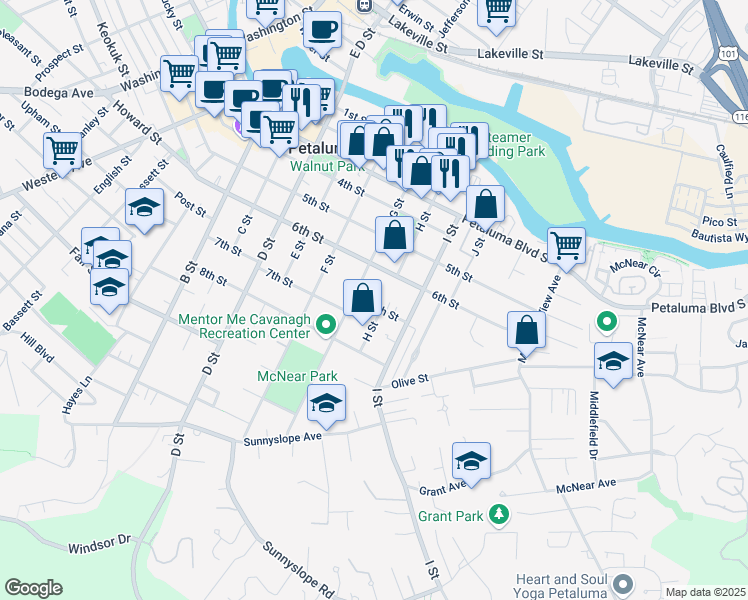 map of restaurants, bars, coffee shops, grocery stores, and more near 519 7th Street in Petaluma
