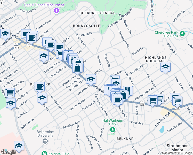map of restaurants, bars, coffee shops, grocery stores, and more near 114 Saint Francis Court in Louisville