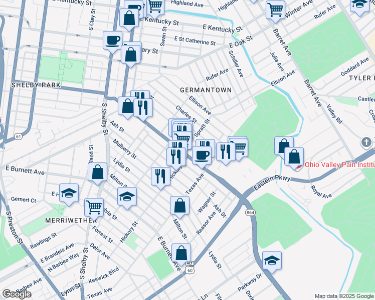 map of restaurants, bars, coffee shops, grocery stores, and more near 1045 Goss Avenue in Louisville