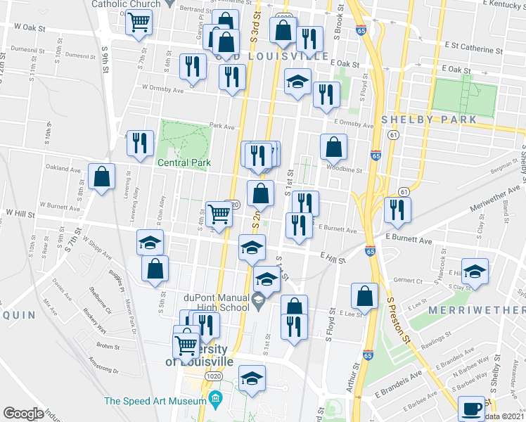 map of restaurants, bars, coffee shops, grocery stores, and more near 1435 South 2nd Street in Louisville