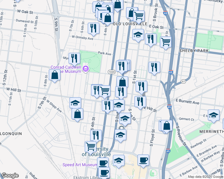 map of restaurants, bars, coffee shops, grocery stores, and more near 1441 South 3rd Street in Louisville
