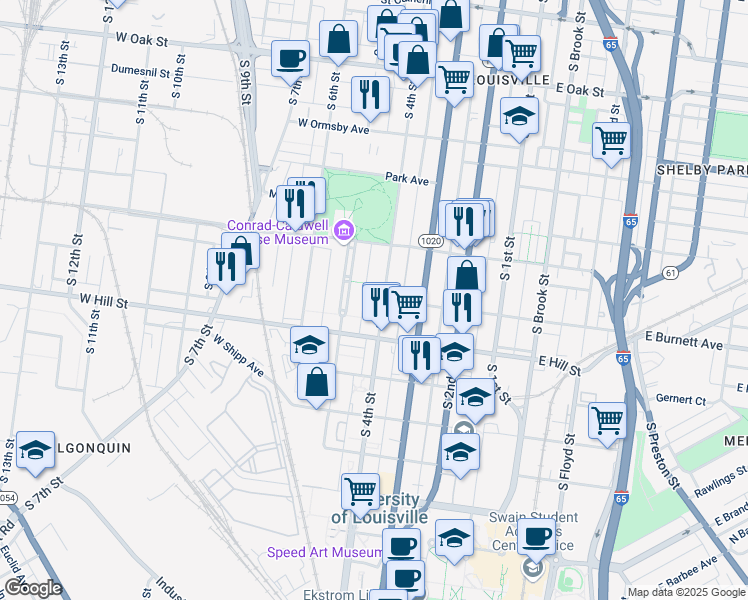 map of restaurants, bars, coffee shops, grocery stores, and more near 414 Fountain Court in Louisville