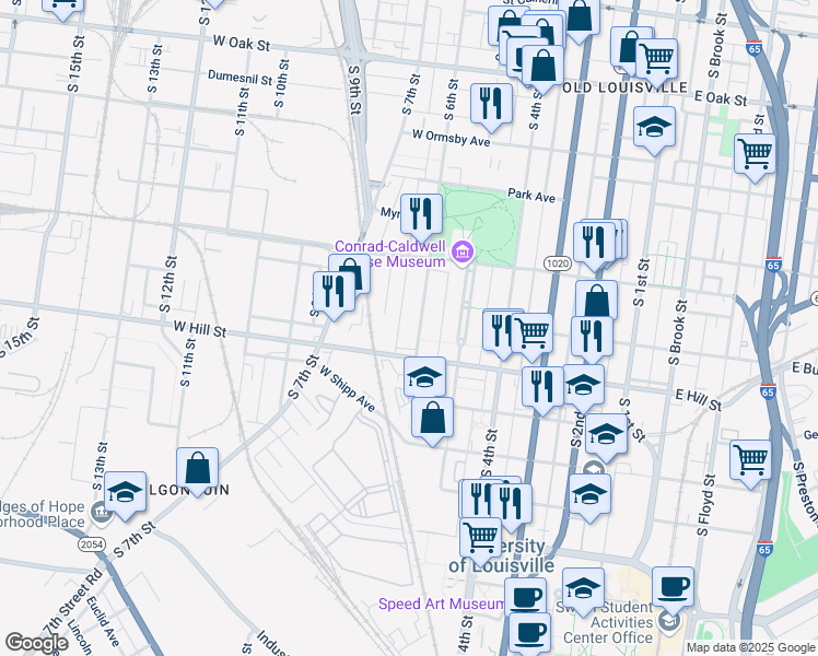map of restaurants, bars, coffee shops, grocery stores, and more near 1452 South 6th Street in Louisville