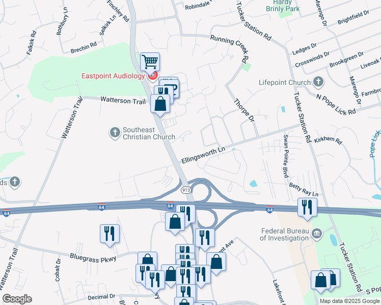 map of restaurants, bars, coffee shops, grocery stores, and more near 11805 Ellingsworth Lane in Louisville