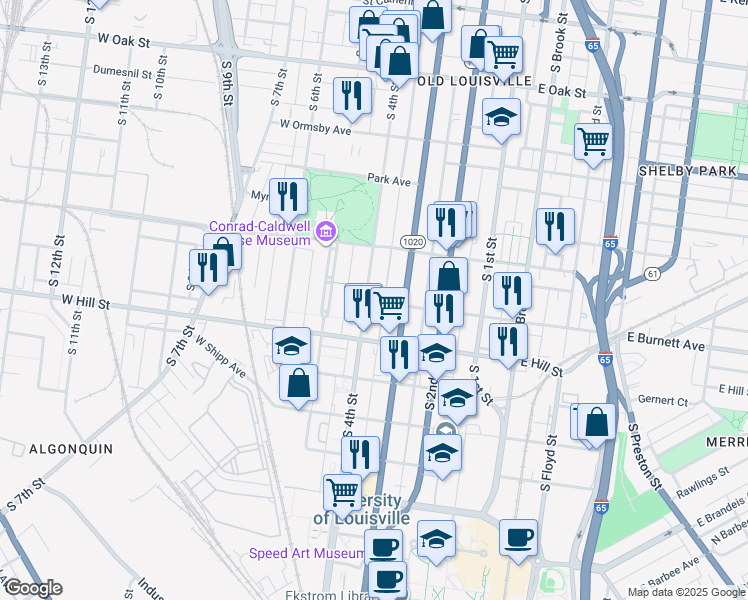 map of restaurants, bars, coffee shops, grocery stores, and more near 1451 South 4th Street in Louisville
