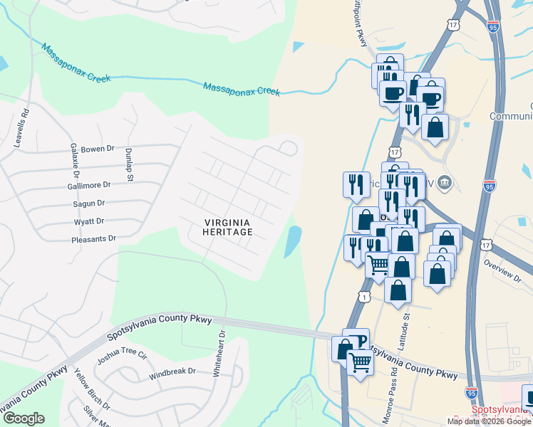 map of restaurants, bars, coffee shops, grocery stores, and more near 10003 Law Place in Fredericksburg