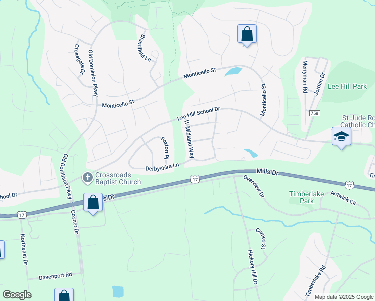 map of restaurants, bars, coffee shops, grocery stores, and more near 9814 West Midland Way in Fredericksburg