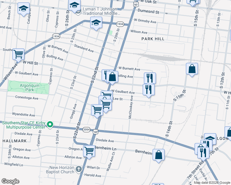 map of restaurants, bars, coffee shops, grocery stores, and more near 1783 West Gaulbert Avenue in Louisville