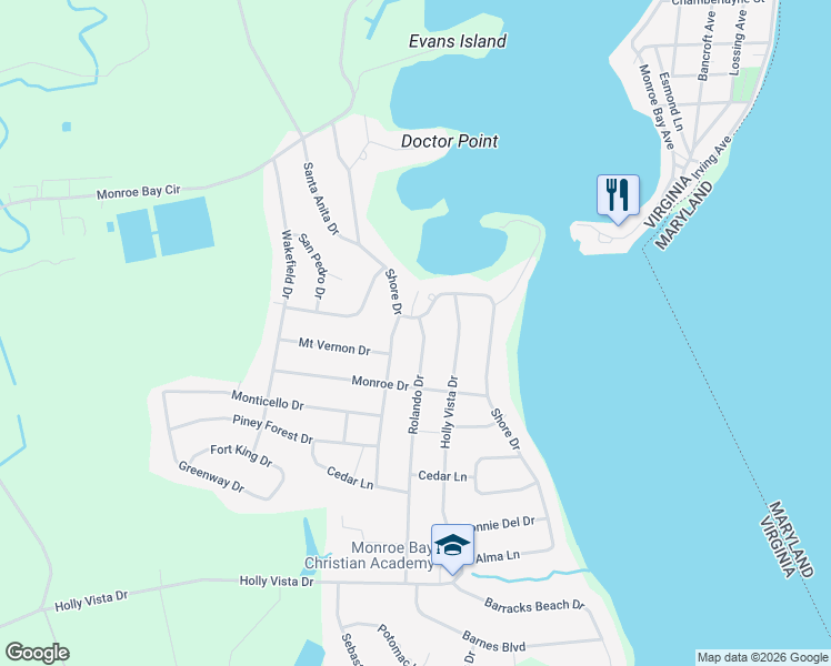 map of restaurants, bars, coffee shops, grocery stores, and more near 527 Rolando Drive in Colonial Beach