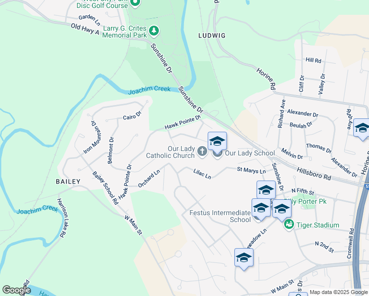map of restaurants, bars, coffee shops, grocery stores, and more near 413 Deer Crossing Drive in Festus