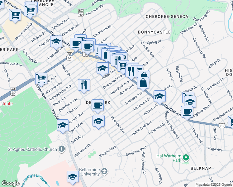 map of restaurants, bars, coffee shops, grocery stores, and more near 1920 Deer Park Ave in Louisville