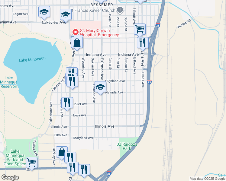 map of restaurants, bars, coffee shops, grocery stores, and more near 2328 Cedar Street in Pueblo