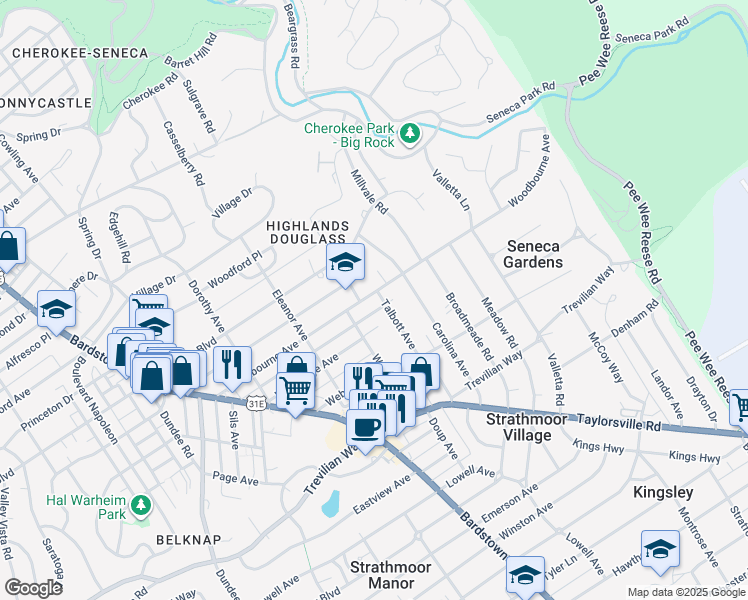 map of restaurants, bars, coffee shops, grocery stores, and more near 2322 Woodbourne Avenue in Louisville