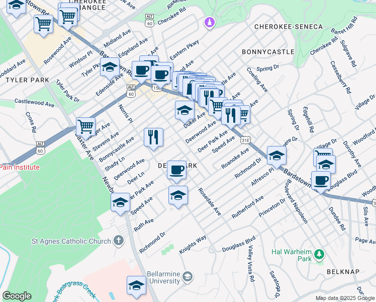 map of restaurants, bars, coffee shops, grocery stores, and more near 1736 Fernwood Ave in Louisville