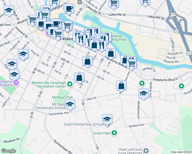 map of restaurants, bars, coffee shops, grocery stores, and more near 600 I Street in Petaluma