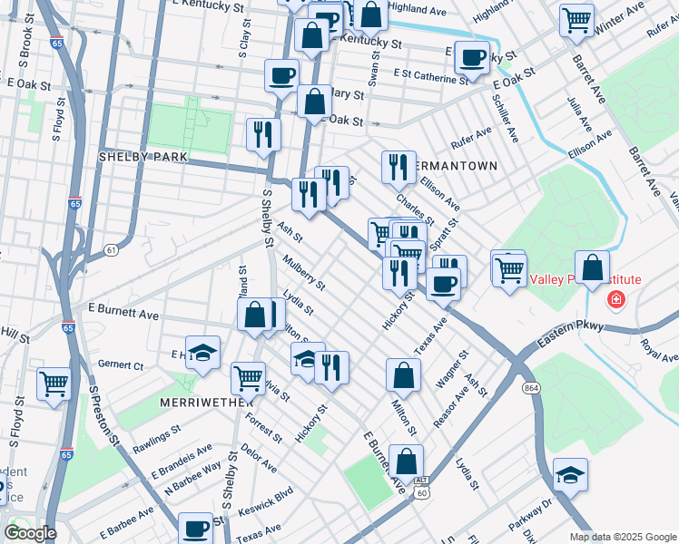 map of restaurants, bars, coffee shops, grocery stores, and more near 920 Ash Street in Louisville