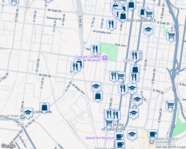 map of restaurants, bars, coffee shops, grocery stores, and more near 1452 South 6th Street in Louisville