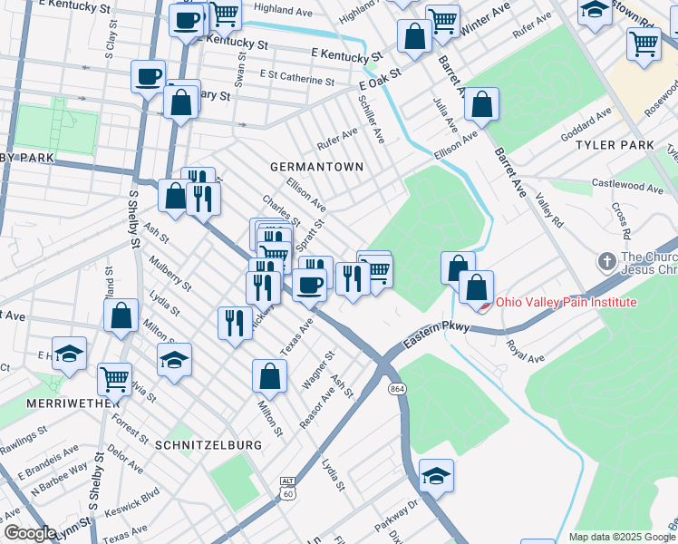 map of restaurants, bars, coffee shops, grocery stores, and more near 1146 Texas Avenue in Louisville
