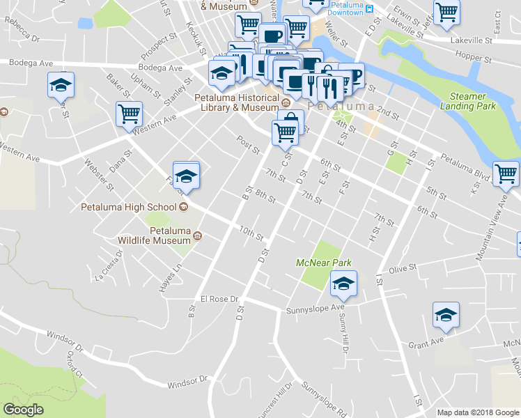 map of restaurants, bars, coffee shops, grocery stores, and more near 26 8th Street in Petaluma