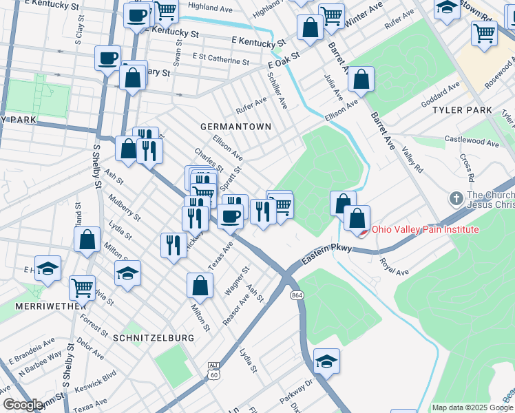 map of restaurants, bars, coffee shops, grocery stores, and more near 1146 Texas Avenue in Louisville