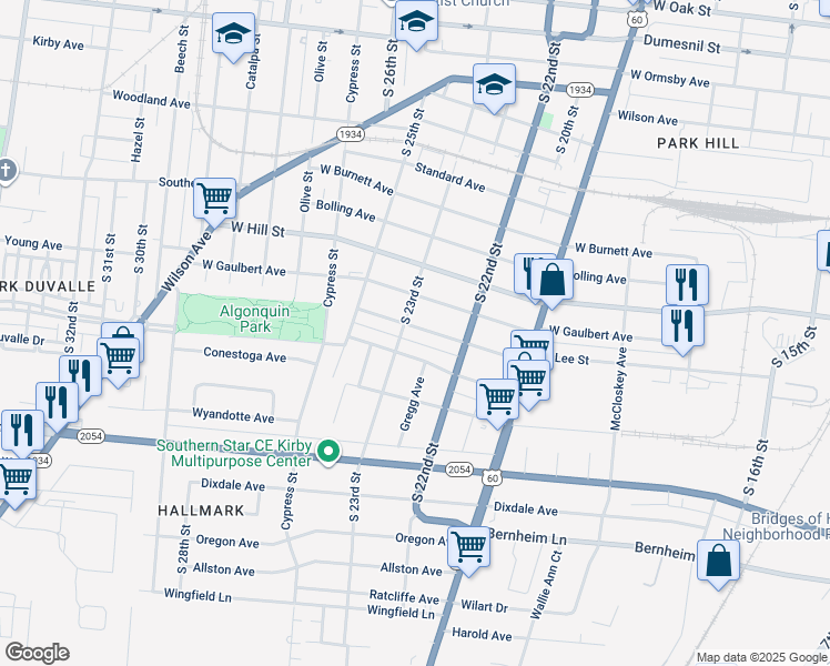 map of restaurants, bars, coffee shops, grocery stores, and more near 2144 West Lee Street in Louisville
