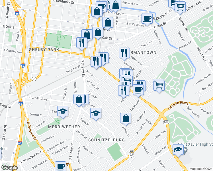 map of restaurants, bars, coffee shops, grocery stores, and more near 920 Ash Street in Louisville