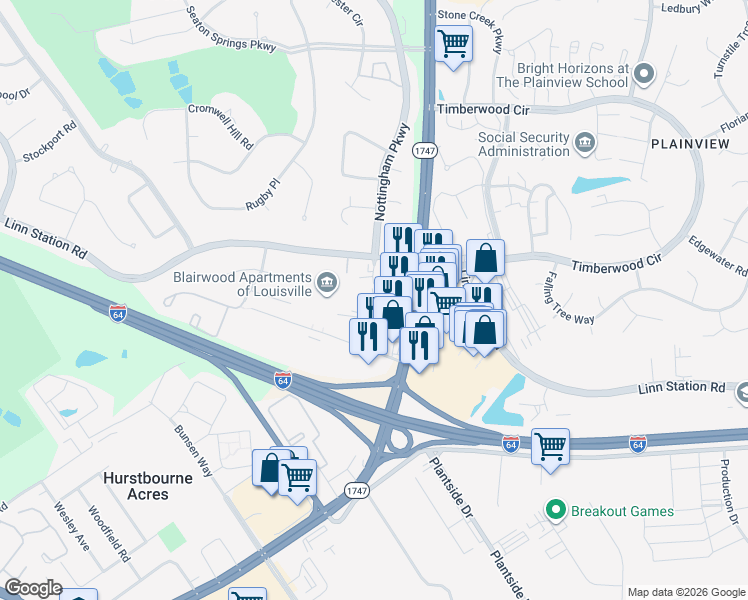 map of restaurants, bars, coffee shops, grocery stores, and more near 1242 Inverary Court in Hurstbourne