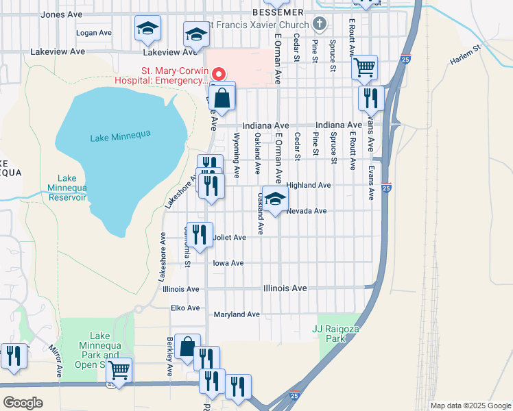 map of restaurants, bars, coffee shops, grocery stores, and more near 2321 Oakland Avenue in Pueblo