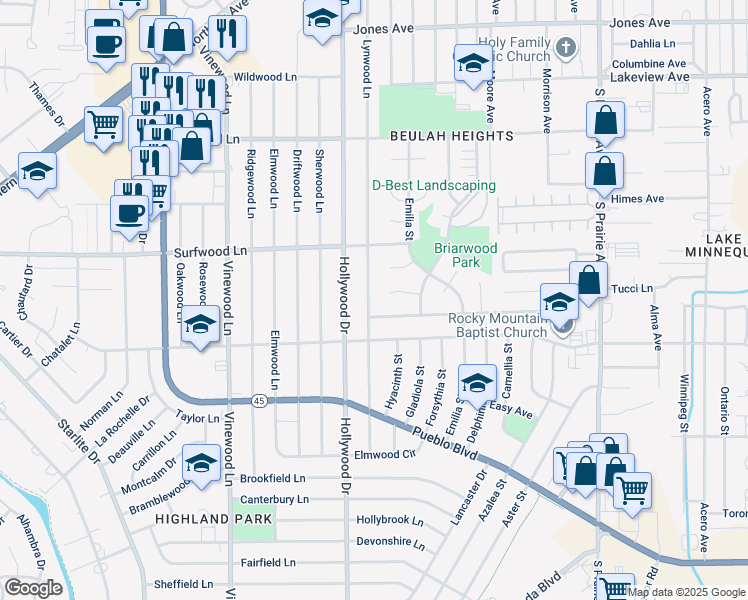 map of restaurants, bars, coffee shops, grocery stores, and more near 2122 Lynwood Lane in Pueblo