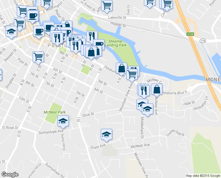 map of restaurants, bars, coffee shops, grocery stores, and more near 828 5th St in Petaluma