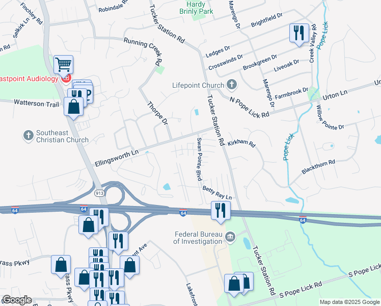 map of restaurants, bars, coffee shops, grocery stores, and more near 12521 Nursery Lane in Louisville