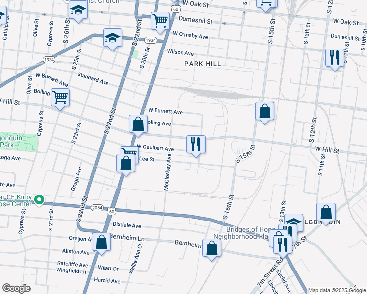 map of restaurants, bars, coffee shops, grocery stores, and more near 1729 West Gaulbert Avenue in Louisville