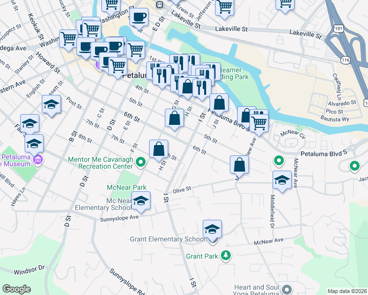 map of restaurants, bars, coffee shops, grocery stores, and more near 600 I Street in Petaluma