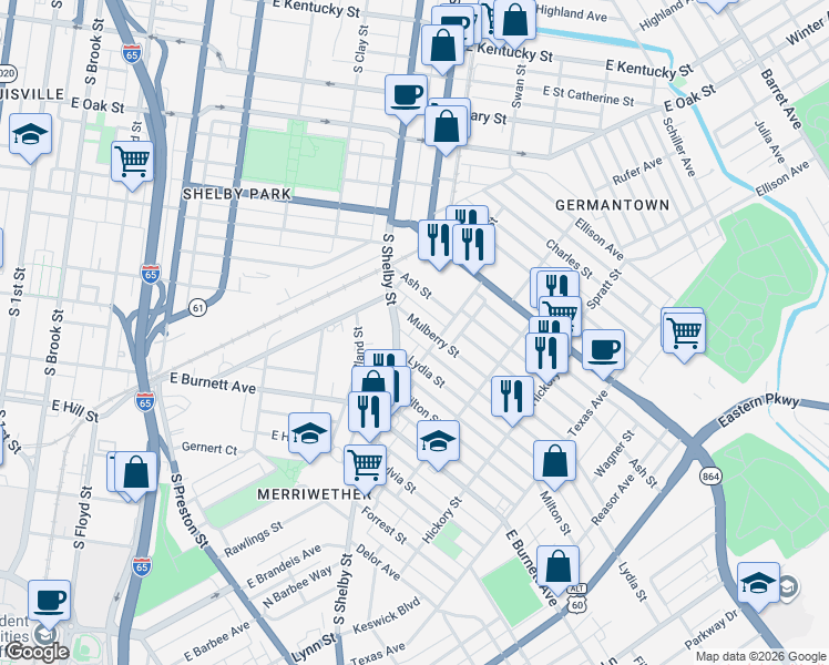 map of restaurants, bars, coffee shops, grocery stores, and more near 1415 South Shelby Street in Louisville