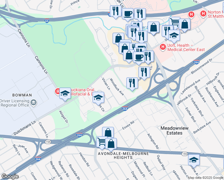 map of restaurants, bars, coffee shops, grocery stores, and more near 1513 Vivian Lane in Louisville