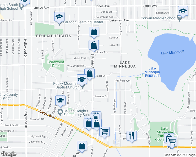 map of restaurants, bars, coffee shops, grocery stores, and more near 2317 Alma Avenue in Pueblo