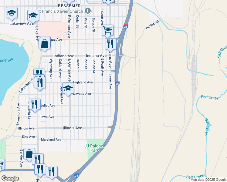 map of restaurants, bars, coffee shops, grocery stores, and more near 2328 East Evans Avenue in Pueblo