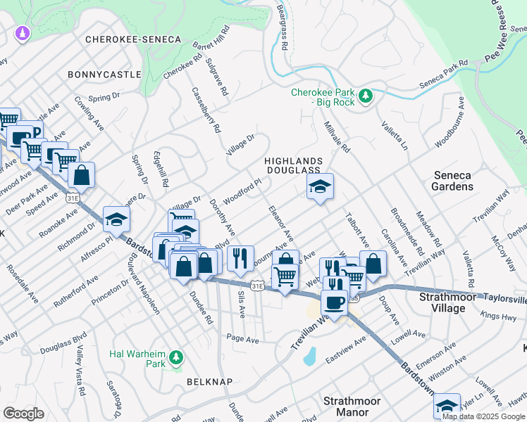 map of restaurants, bars, coffee shops, grocery stores, and more near 2127 Douglass Boulevard in Louisville
